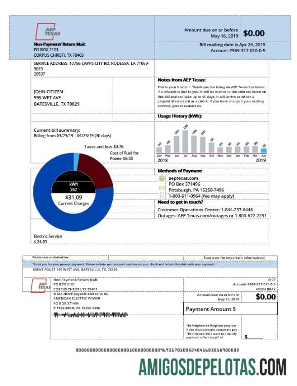 Para baixar modelo de conta de serviço público de eletricidade dos EUA AEP Texas em formato Word e PDF